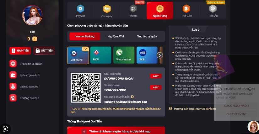 Thao tác nạp tiền vào XO88